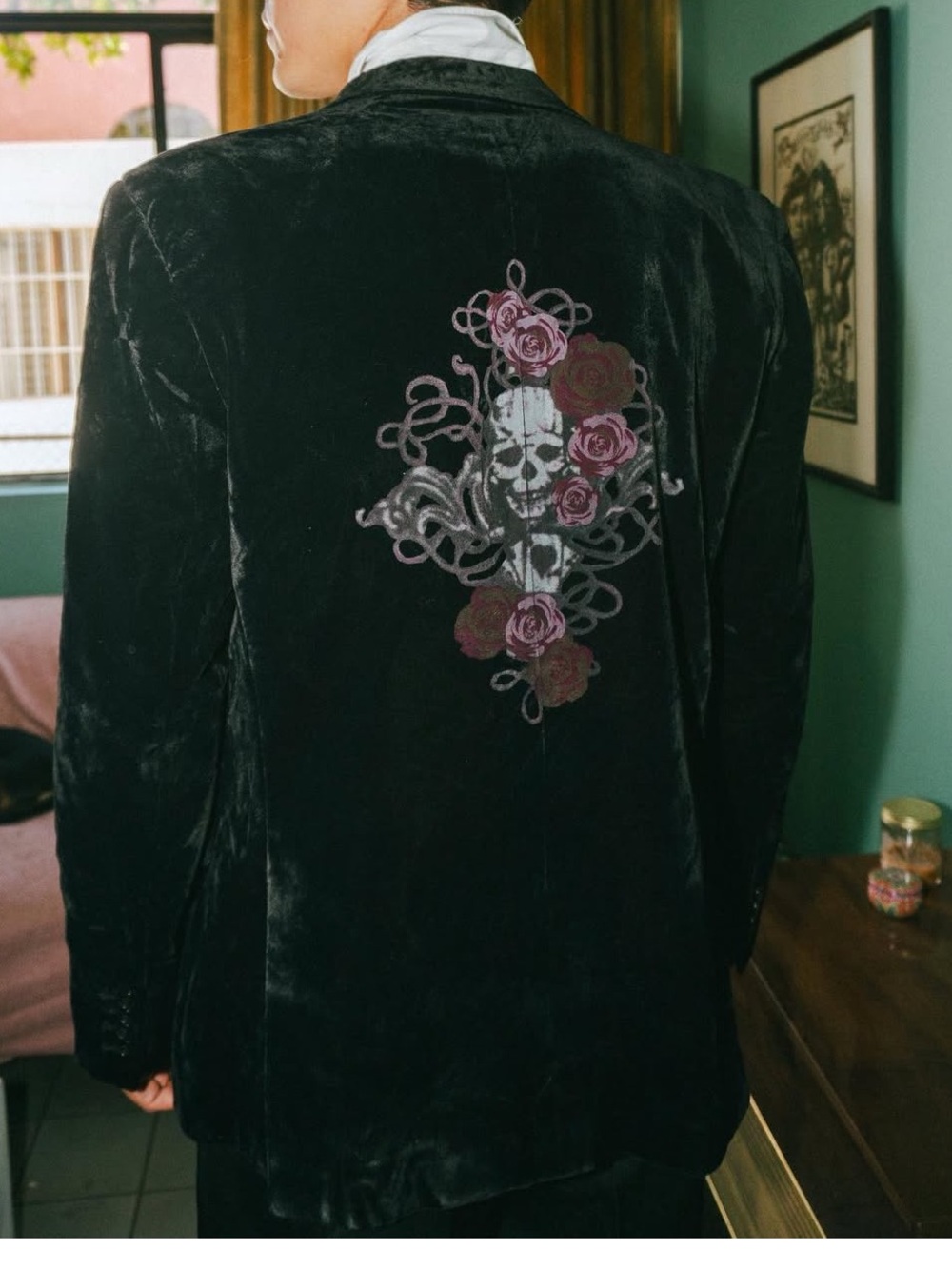 Vintage Black Velvet Blazer with Skull & Roses Men’s Small Goth